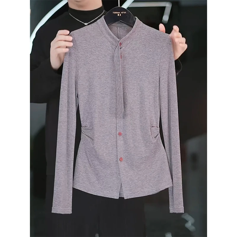 双面磨毛正肩t恤女2025年早春新款洋气立领小衫时尚别致打底上衣