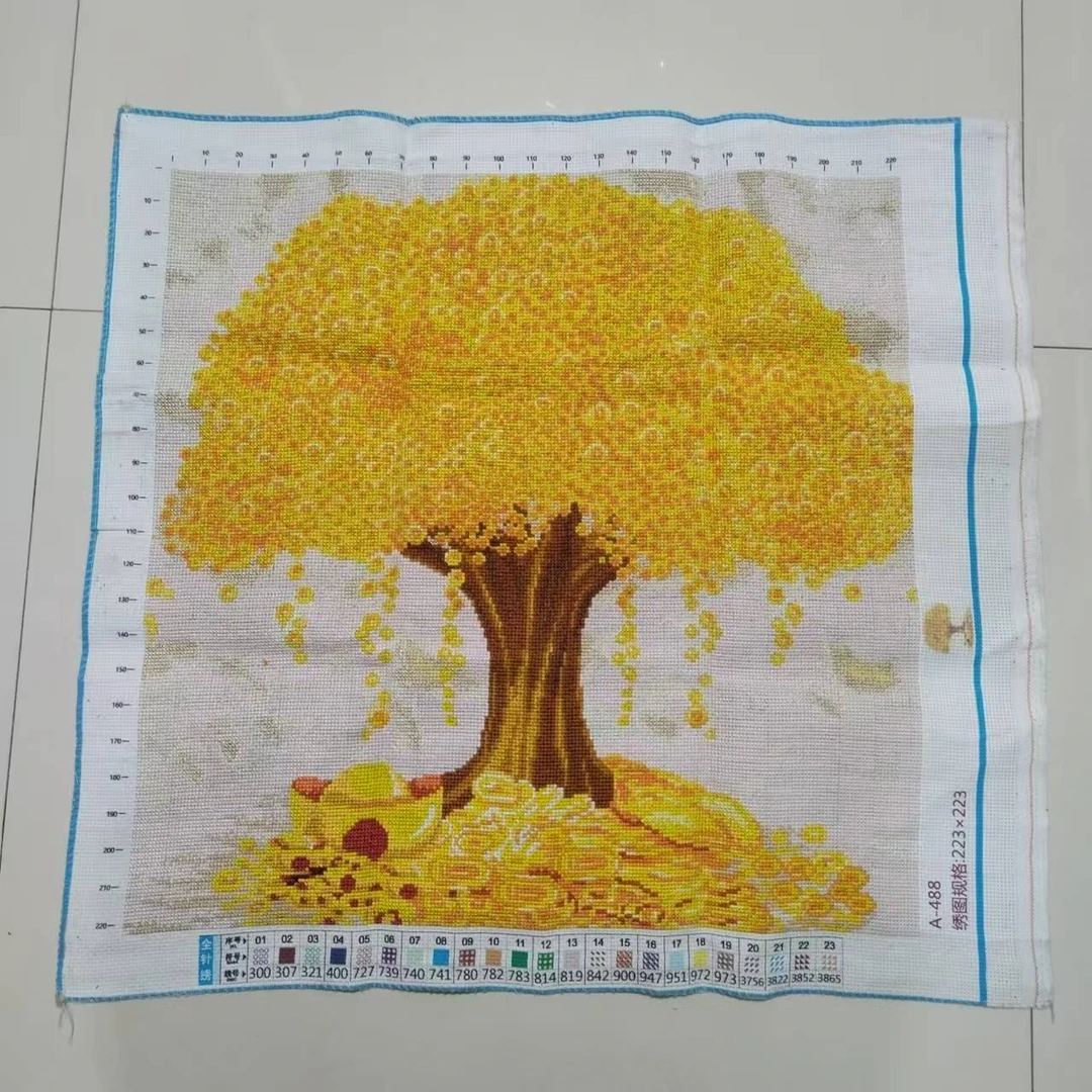 纯手工绣好的十字绣成品摇钱树发财树黄金满地新款客厅餐厅装饰画