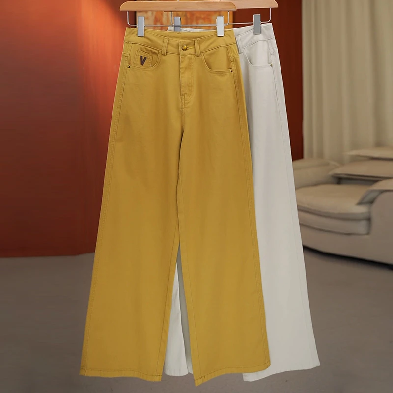 时尚窄版直筒牛仔裤女水洗棉2025年春夏新款休闲裤高腰显瘦阔腿裤