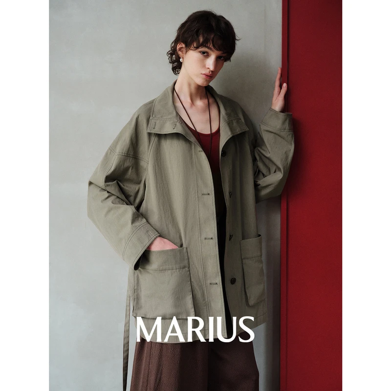 MARIUS“结构风衣”长绒棉解构主义廓形拼接设计插肩袖腰带风衣