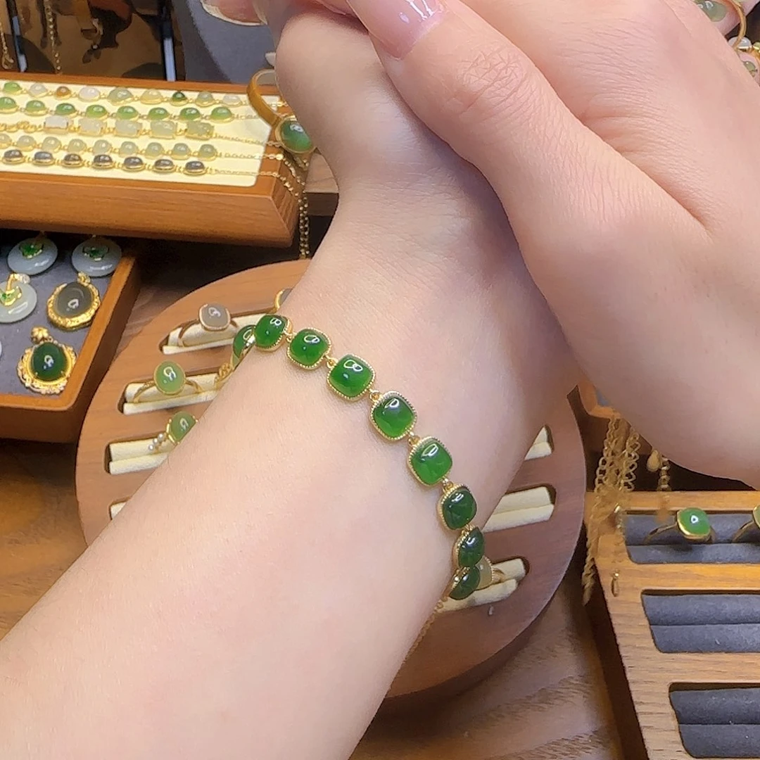 和田玉手链银S925镀金镶嵌