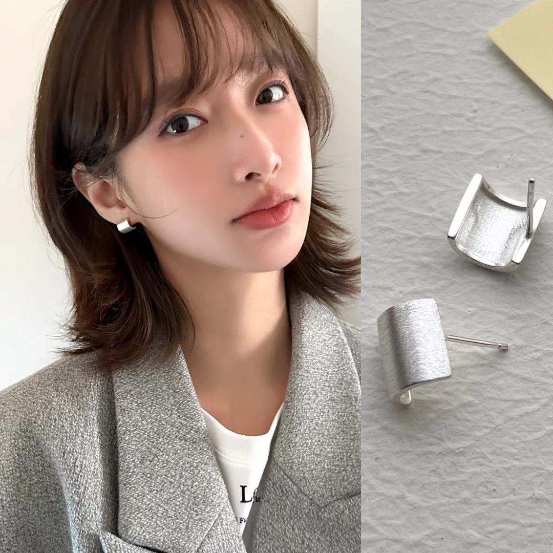 铜合金耳饰 925银针拉丝耳钉女几何设计小众高级感简约百搭耳环