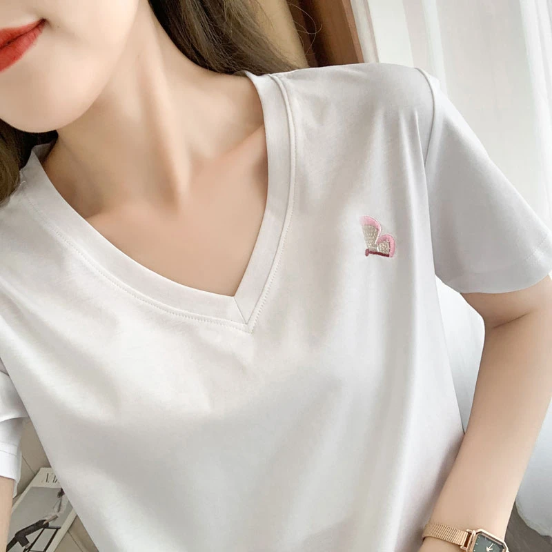 蝴蝶刺绣丝光纯棉光泽感V领短袖T恤女夏季纯白色打底衫时尚