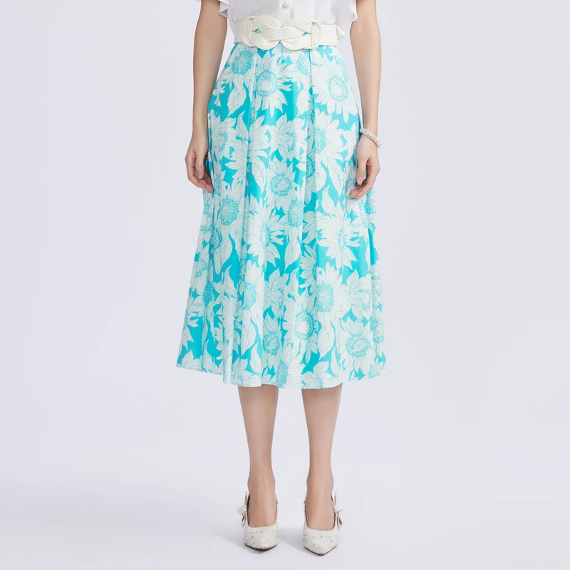 【专柜同款】伞裙碎花半身裙花影线描高腰半裙提花夏季薄款