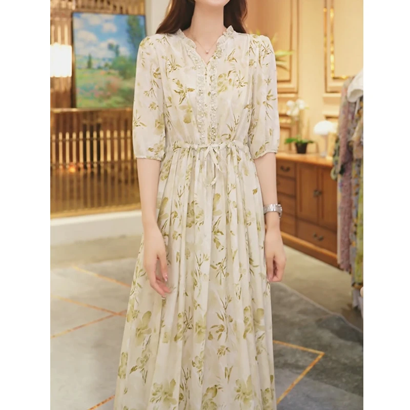 【堇兰桑蚕丝】春夏气质真丝裙印花收腰桑蚕丝连衣裙女YYQ25-1014