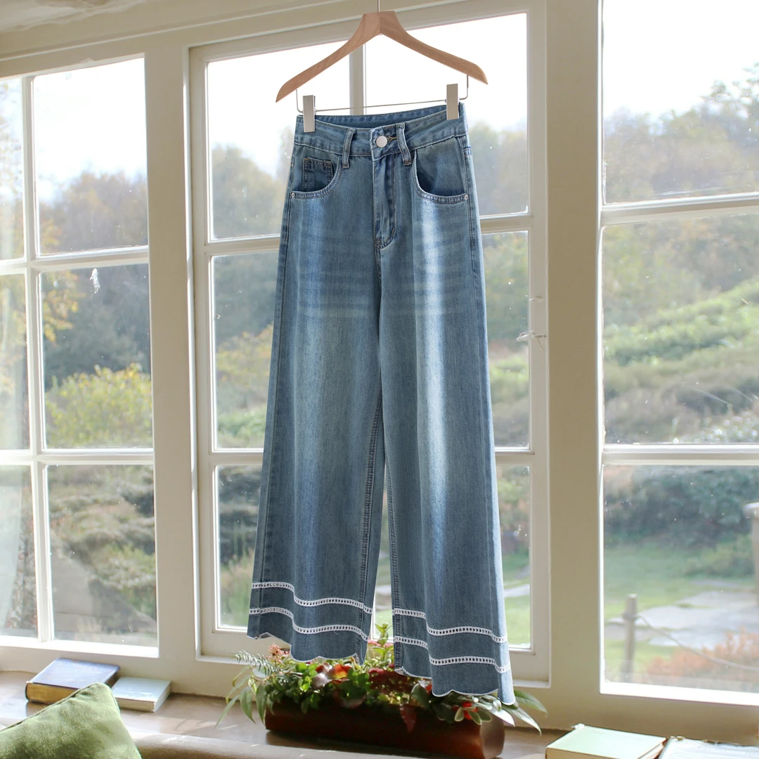 新中式镂空花边直筒牛仔裤女夏季新款梨形身材宽松显瘦阔腿九分裤