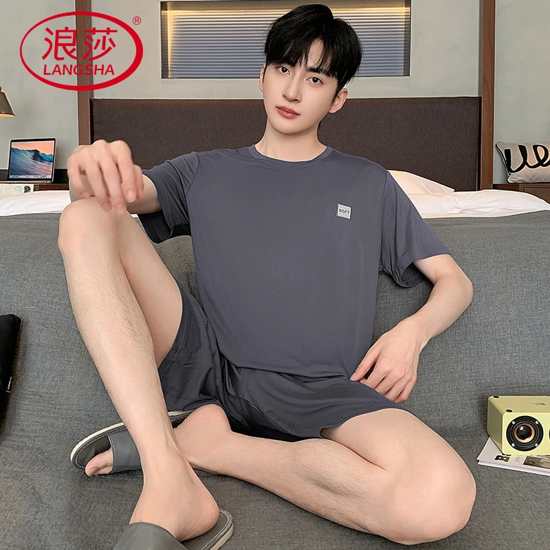 浪莎男士莫代尔睡衣夏季短袖短裤薄款宽松螺纹可外穿大码家居服套