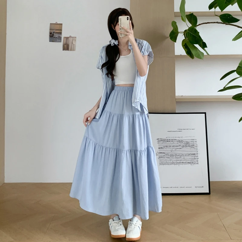 Ucool Rmode半身裙女2025春夏高腰a字中长裙显瘦仙女双层蛋糕裙子