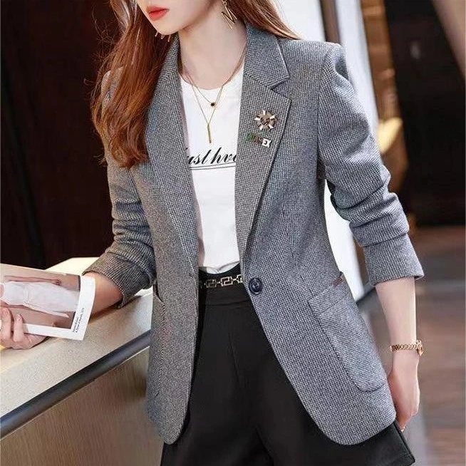 格子西装外套女韩版复古2024春秋新款休闲网红女式小西服长袖百搭