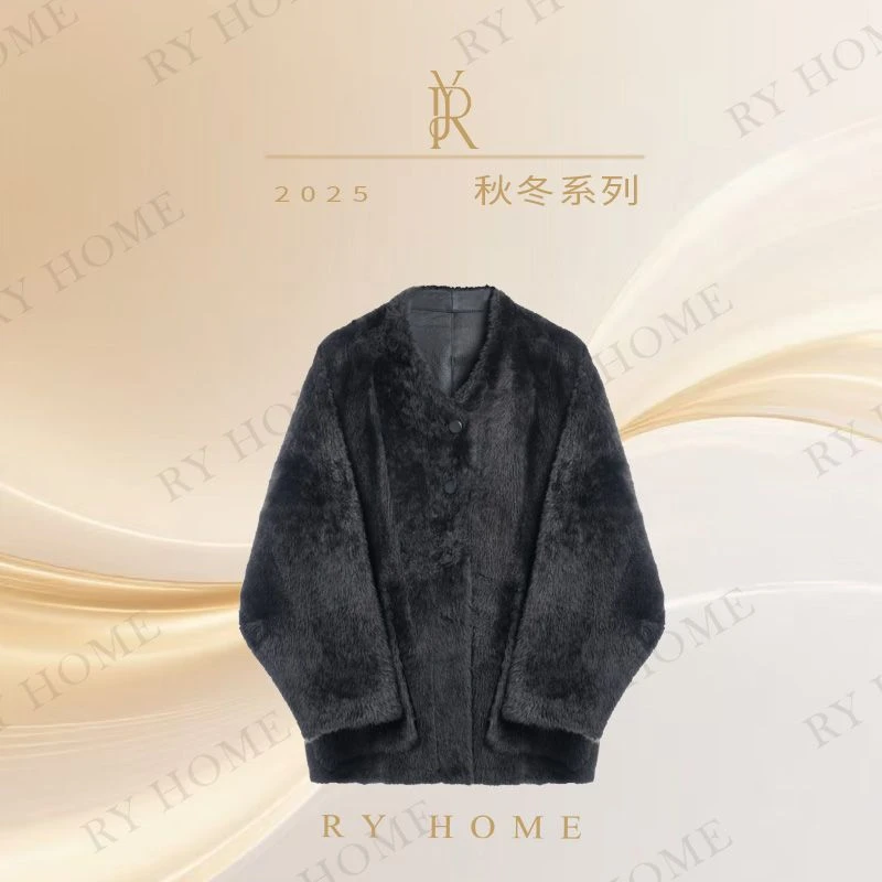 【容雨RYHOME】进口西班牙拉贡圆领大口袋绵羊皮毛一体外套253W2563