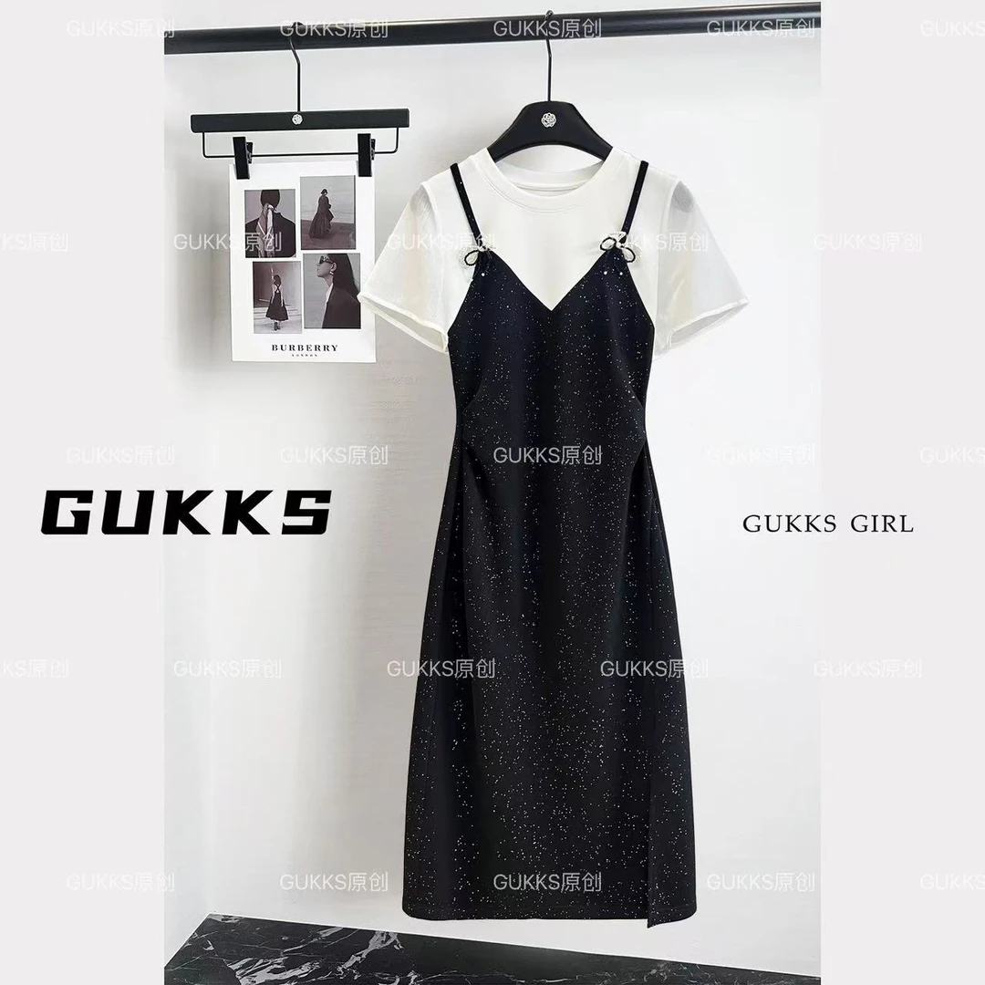 GUKKS/2025夏季新款不对称假两件独特时尚连衣裙GK715
