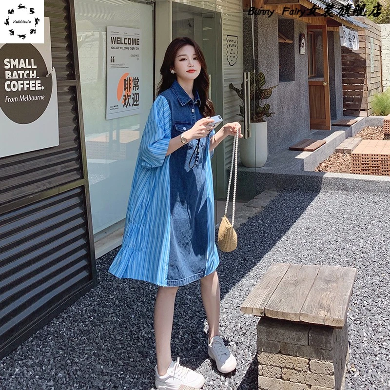 牛仔拼接连衣裙女夏薄款小个子甜美气质宽松显瘦遮肚条纹衬衫裙子