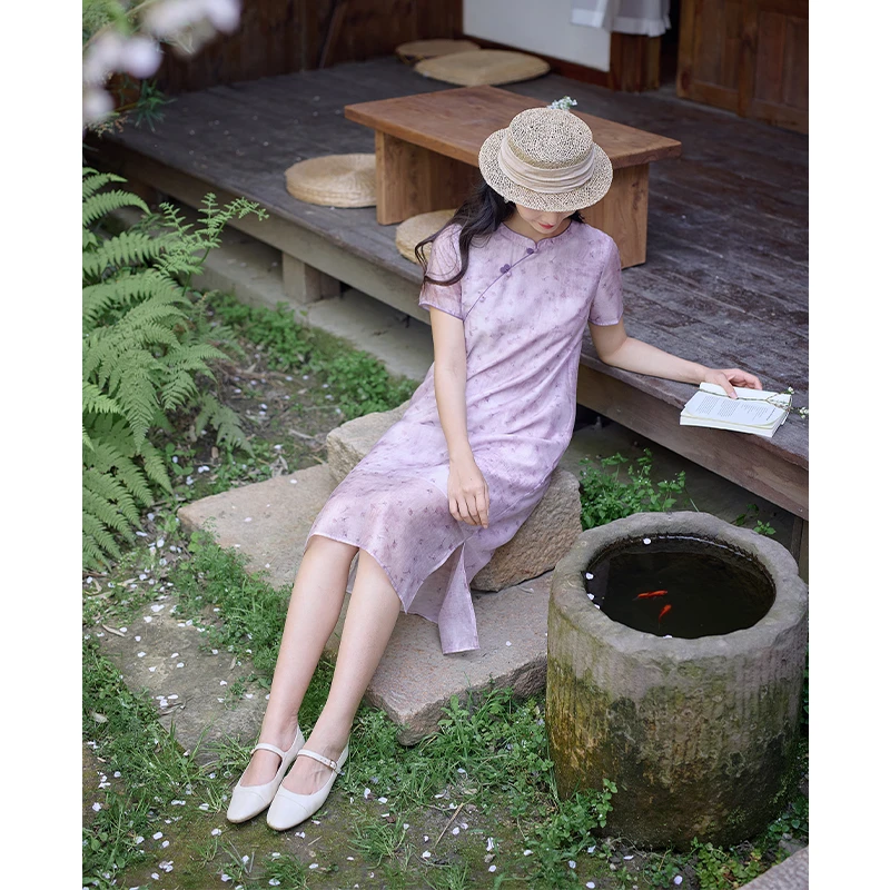 红念紫色新中式改良版旗袍连衣裙女短袖夏季2025年新款气质长裙子