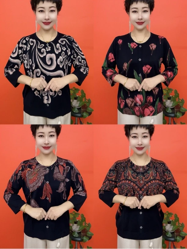 时尚圆领五扣分袖印花焦麻衫