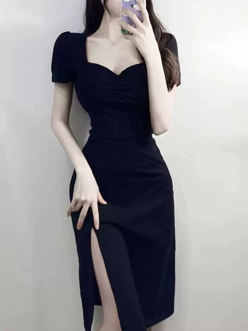 夏季女黑色气质开叉裙子纯欲御姐性格连衣裙时尚女人味上档次女装