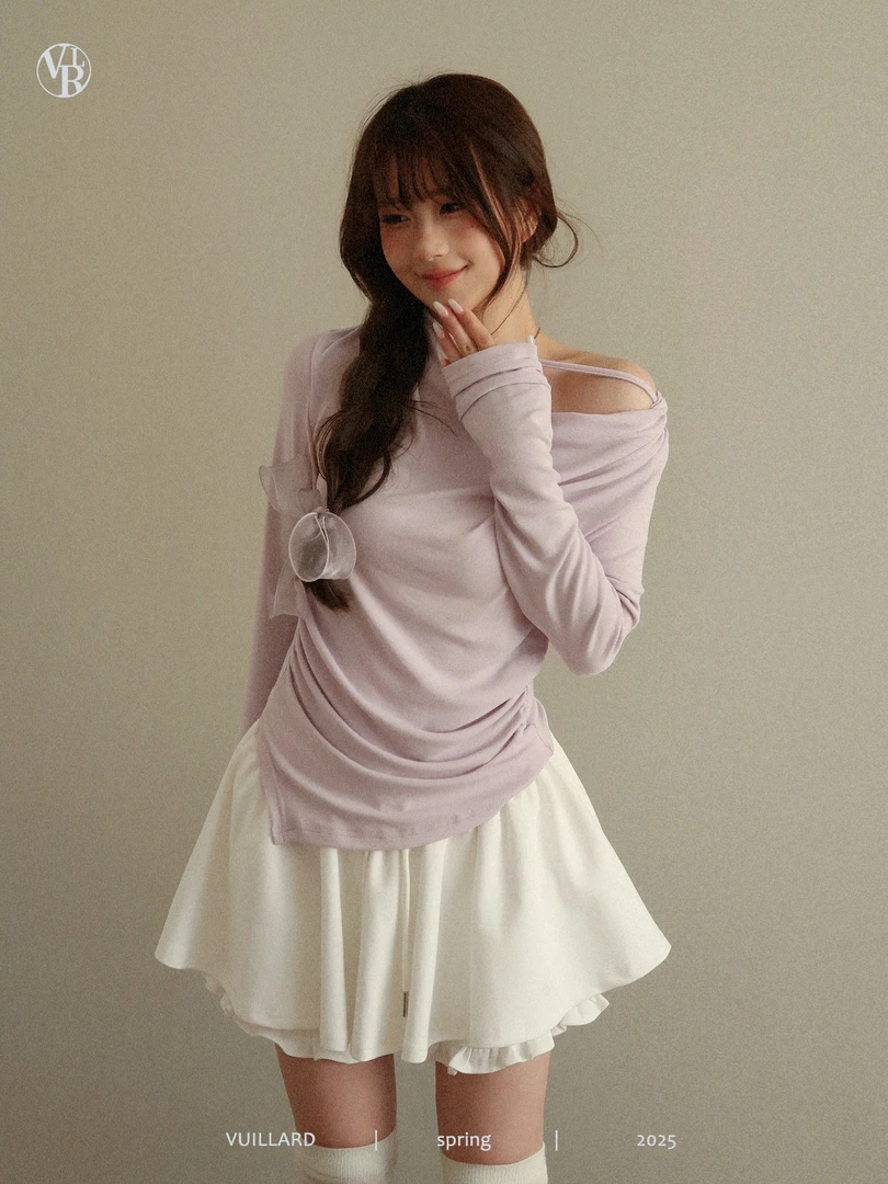 vuillard【少女心事】少女减龄收腰显瘦荡领设计感套头T恤上衣