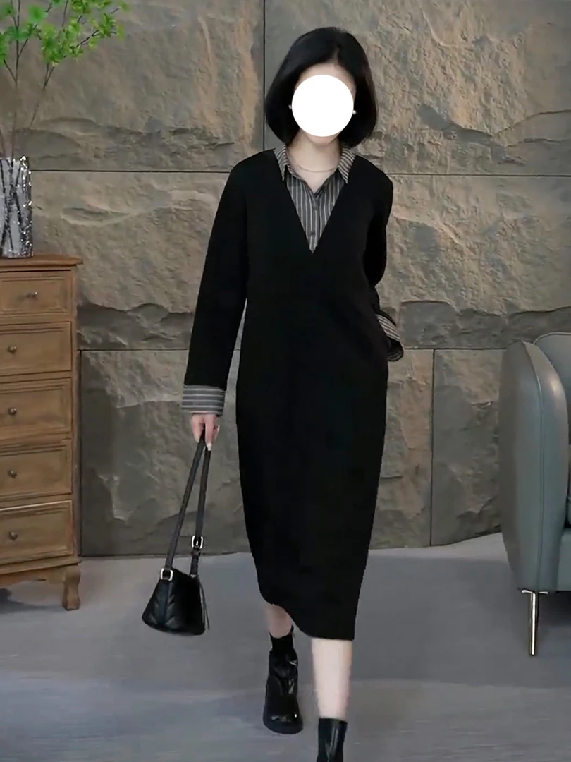 假两件拼接连衣裙女秋季2025新款女装高级感气质优雅长袖衬衫裙子