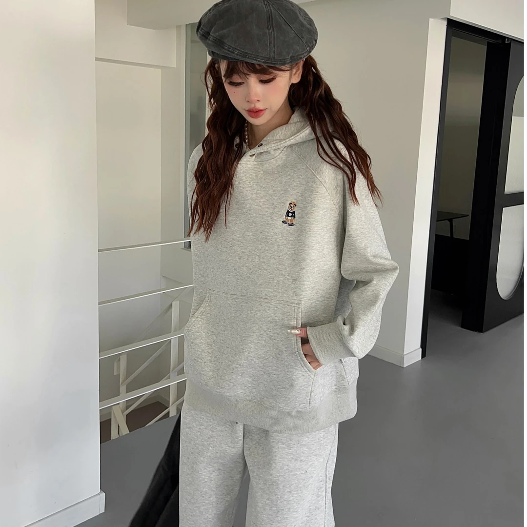 T081冬季新款加绒休闲时尚刺绣韩版宽松连帽运动套装24-222