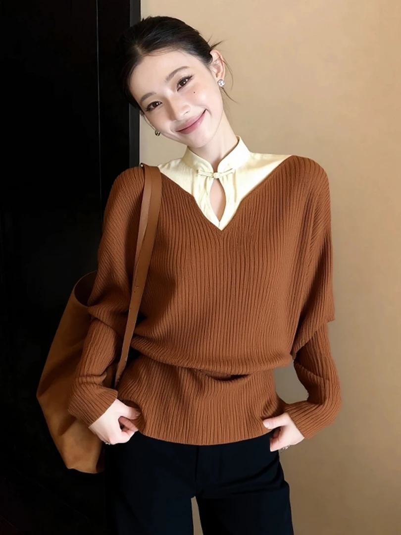 初冬新中式国风内搭上衣小众设计感独特漂亮咖色拼接盘扣针织衫女