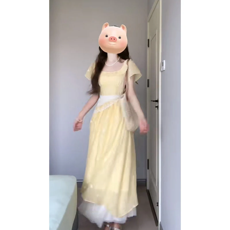 纯欲风洋气气质方领木耳边碎花短袖连衣裙女新款收腰仙女2025长裙