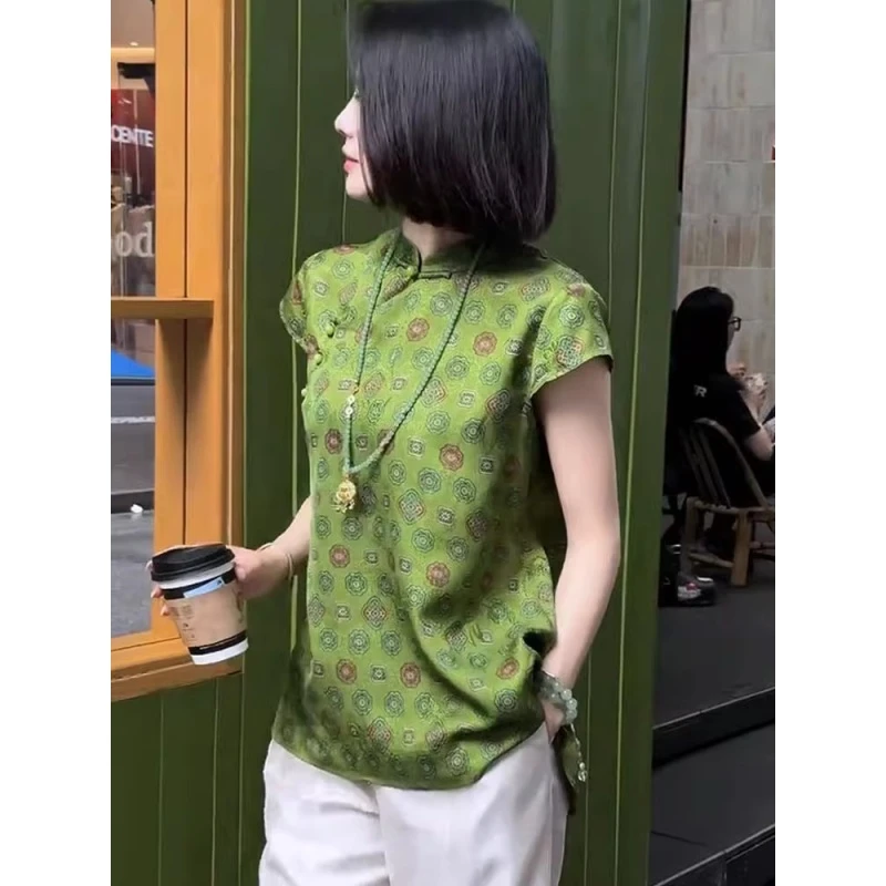 2025夏季新款新中式国风绿色立领斜襟盘扣印花衬衫高级感轻奢上衣