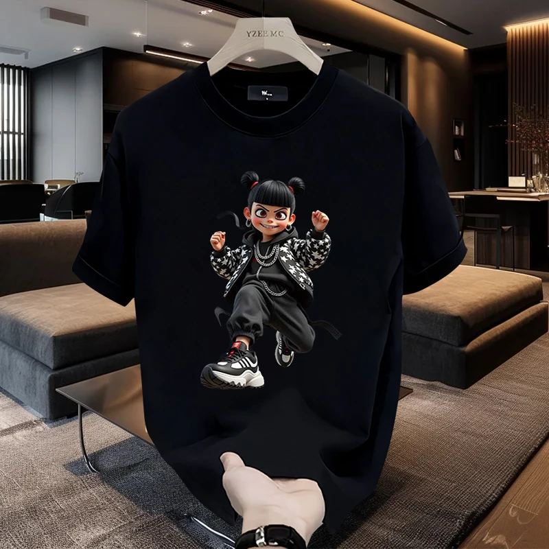 新款夏季国潮个性哪吒印花宽松高级设计男款百痞帅搭圆领纯棉短袖