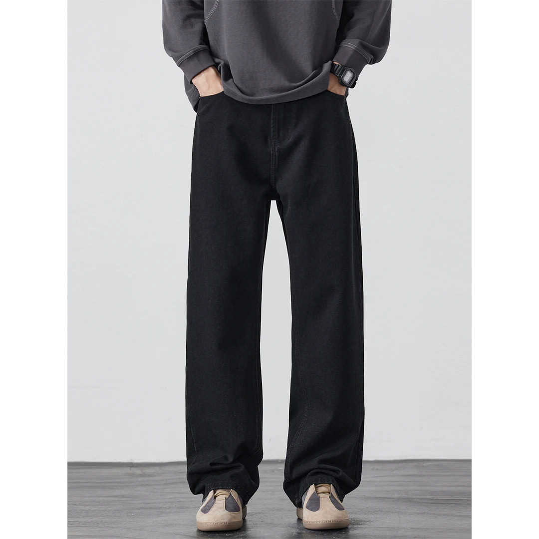 Kuvine2025秋季复古做旧水洗时尚百搭宽松直筒纯色简约牛仔裤男士