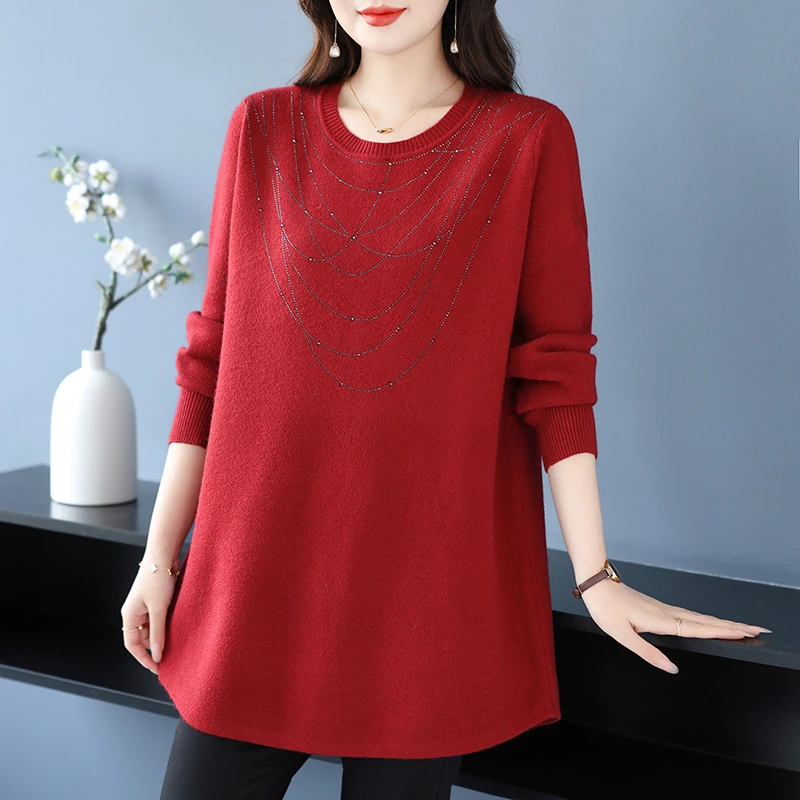中老年红色毛衣女秋冬2025新款爆款大码妈妈装宽松遮肚子打底上衣