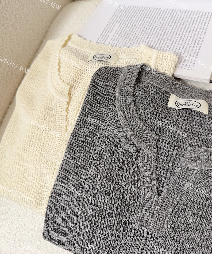 【剪刀小V】317时尚夏季冰爽镂空简约纯色短袖