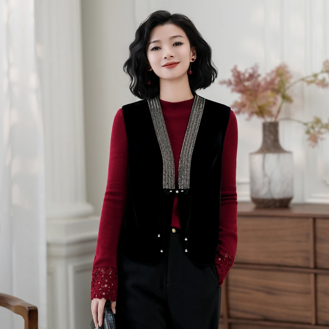 西子/【夜曲】新中式丝绒重工钉珠黑色马甲/MJTJ482