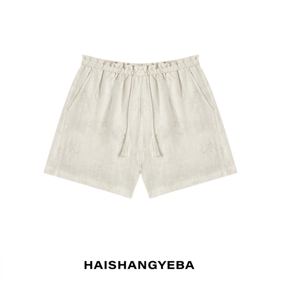 【海上叶爸】新款2025夏季百搭亚麻松紧腰抽绳宽松休闲短裤