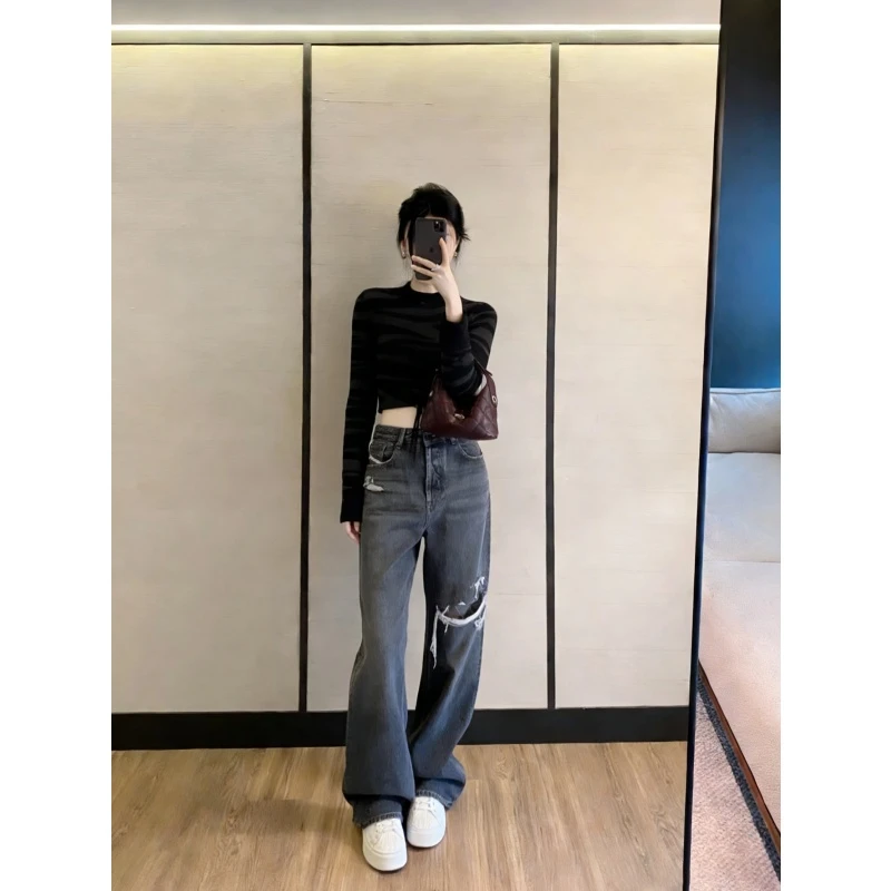 韩系气质百搭修身显瘦长袖打底衫高腰设计感破洞做旧阔腿裤两件套