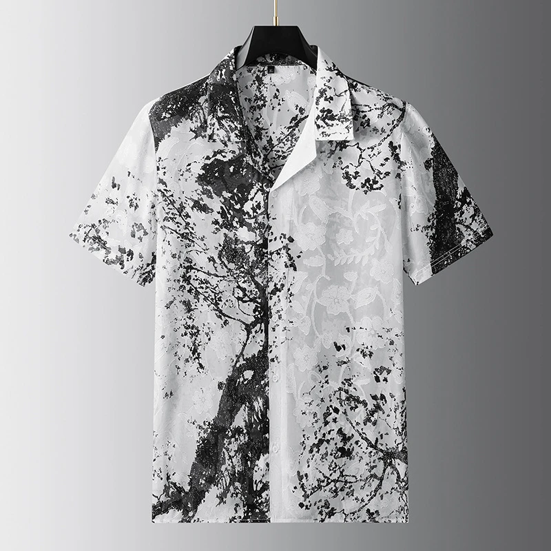 2025夏季大号时尚古巴领花衬衣男士大码宽松休闲港风潮流短袖衬衫