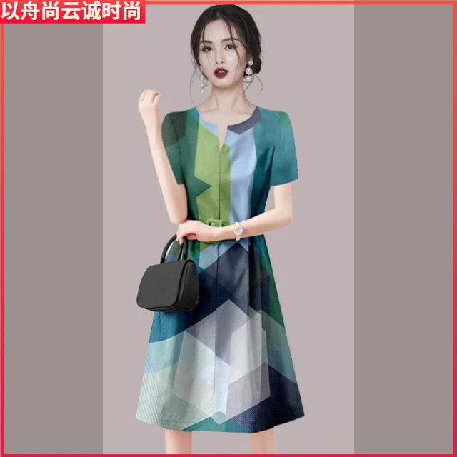 I欧美夏季短袖印花收腰显瘦连衣裙2025新款女时尚气质中长裙子1