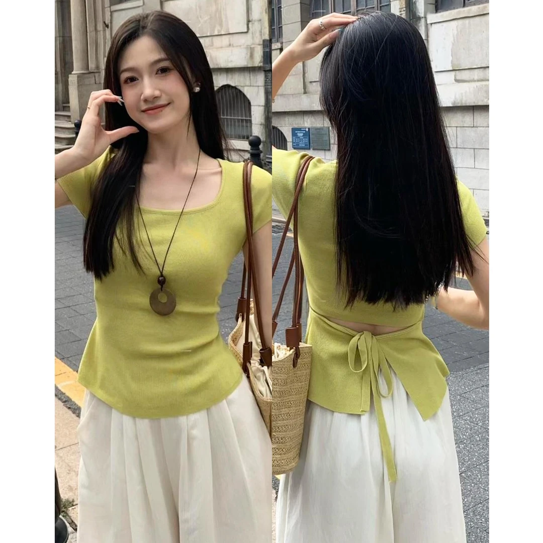 镂空方领冰丝短袖针织衫女2025新款夏季设计感后背绑带薄款上衣女