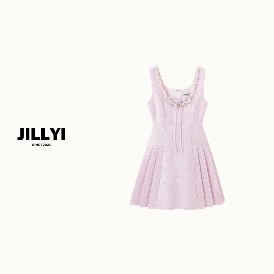 JILLYI南山店【粉意诗集】蜜桃粉色U型领手缝珍珠气质连衣裙