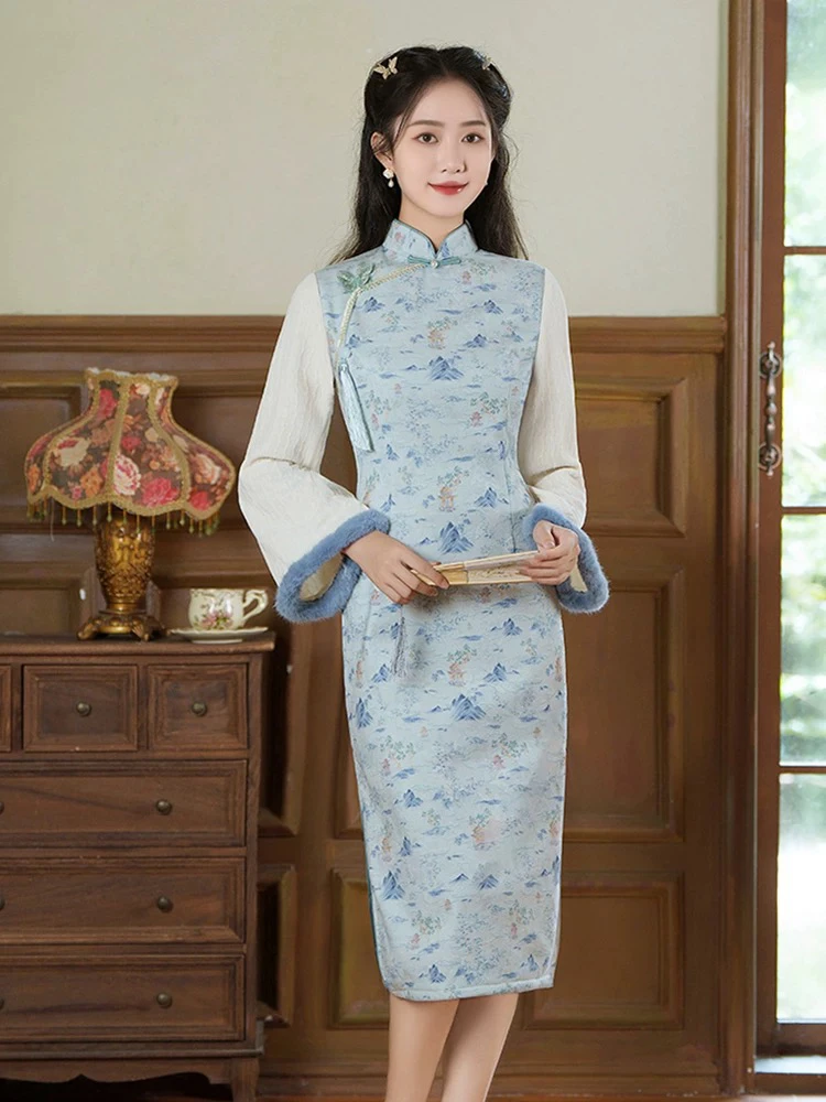 V-2303 海棠 曼丽绒 冬款加绒加厚年轻款改良旗袍115cm长款