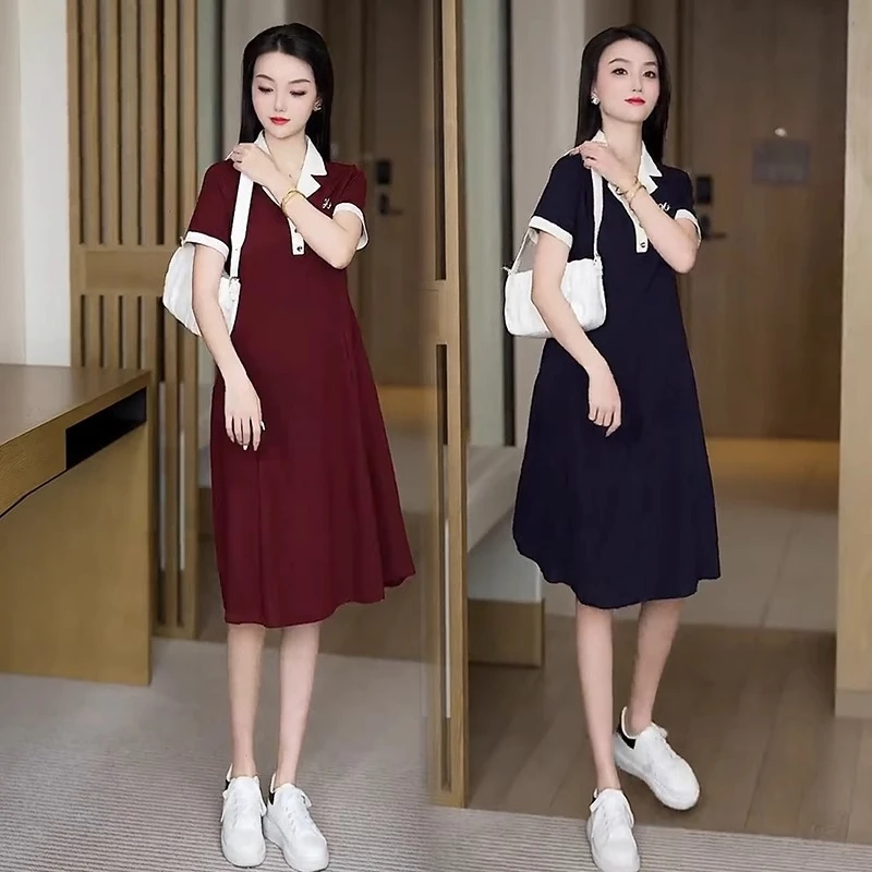 夏季短袖休闲连衣裙女2025新款中长款时尚洋气减龄polo领显瘦裙子