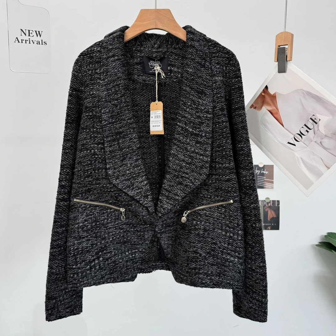 B478高端时尚女士纯色宽松常规落肩袖毛呢外套西装开衫休闲粗花呢