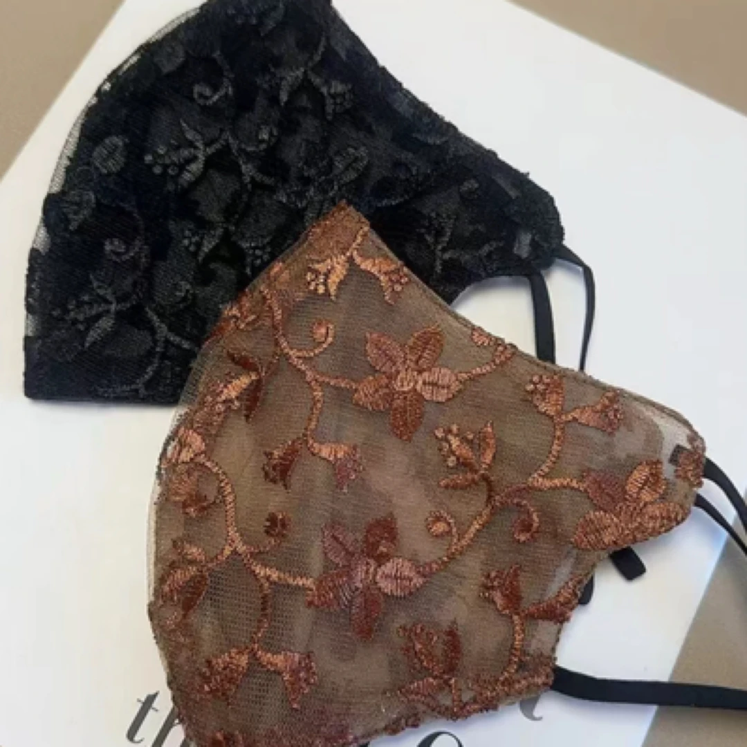 古铜色黑色刺绣花朵蕾丝透气防护成人防晒口罩