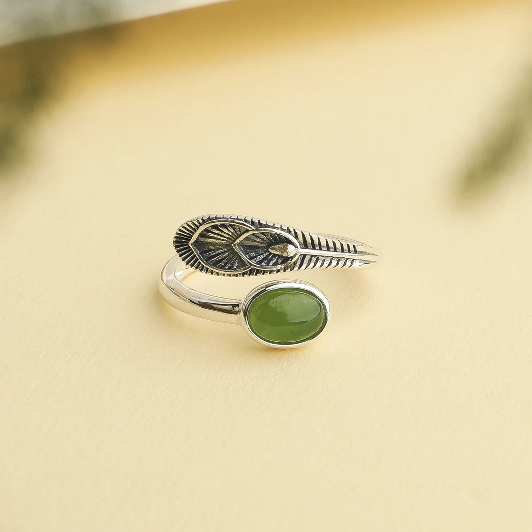 （桃）S925银复古国风碧玉小凤尾设计精工镶嵌高级戒指