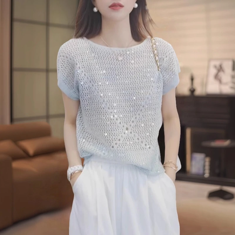 法式慵懒风高级感亮片镂空针织t恤女夏季宽松感显瘦圆领短袖上衣