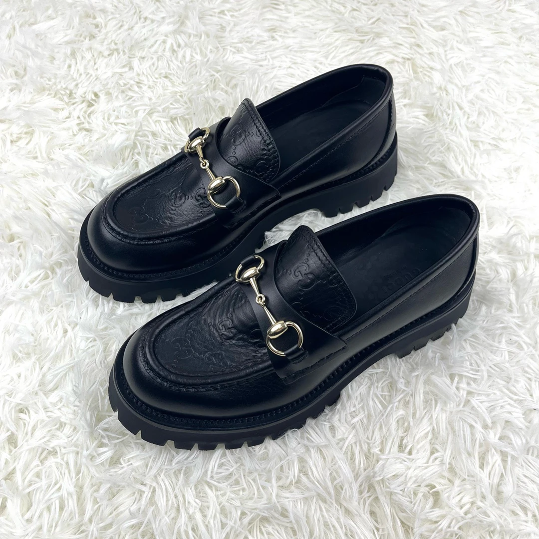 99新 GUCCI/古驰 马衔扣乐福鞋双G暗纹满印黑色 38码 12474692