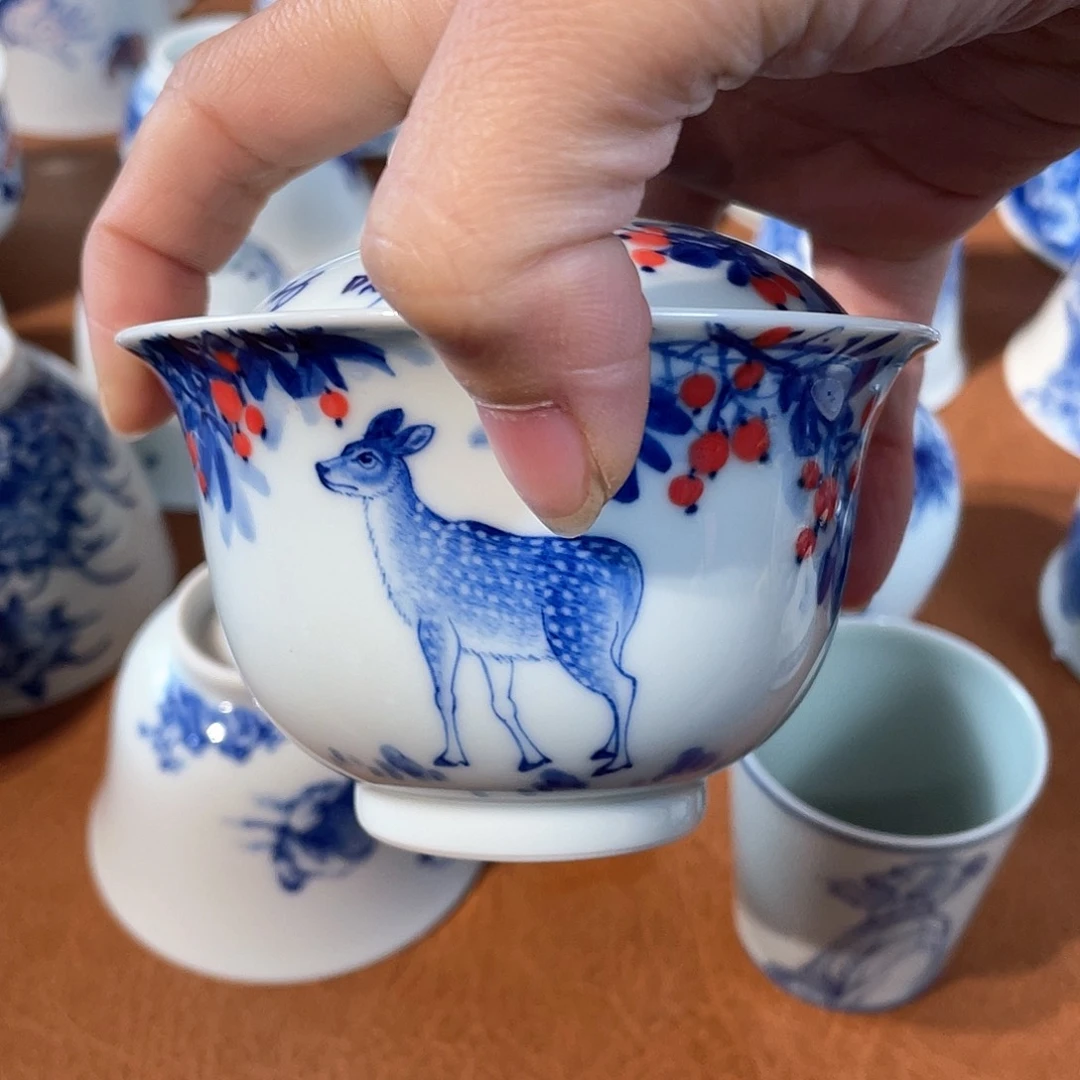 亮*泥藝瓷梦呦呦鹿鸣盖碗