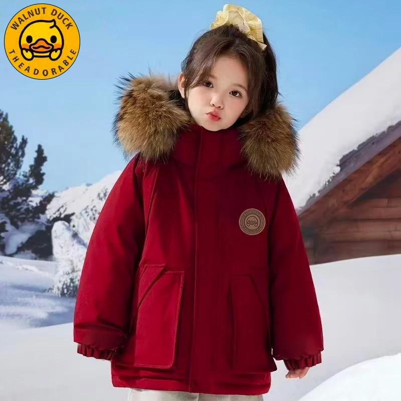 【小黄鸭】冬季男女宝加绒加厚新年红派克毛领棉服儿童连帽保暖外套