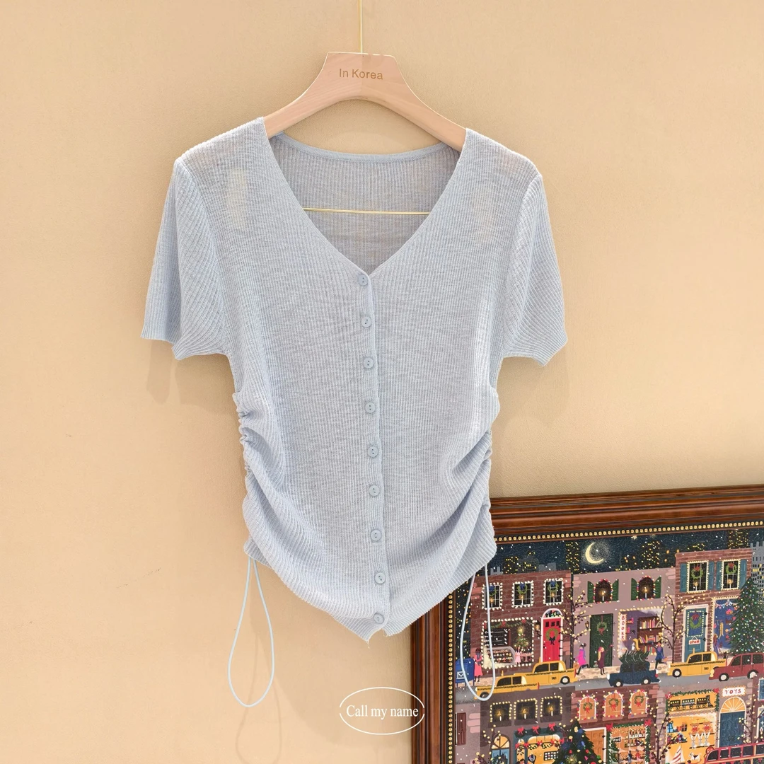 韩国代购. Call my name 冰糖 天蓝色天丝麻针织L25042206