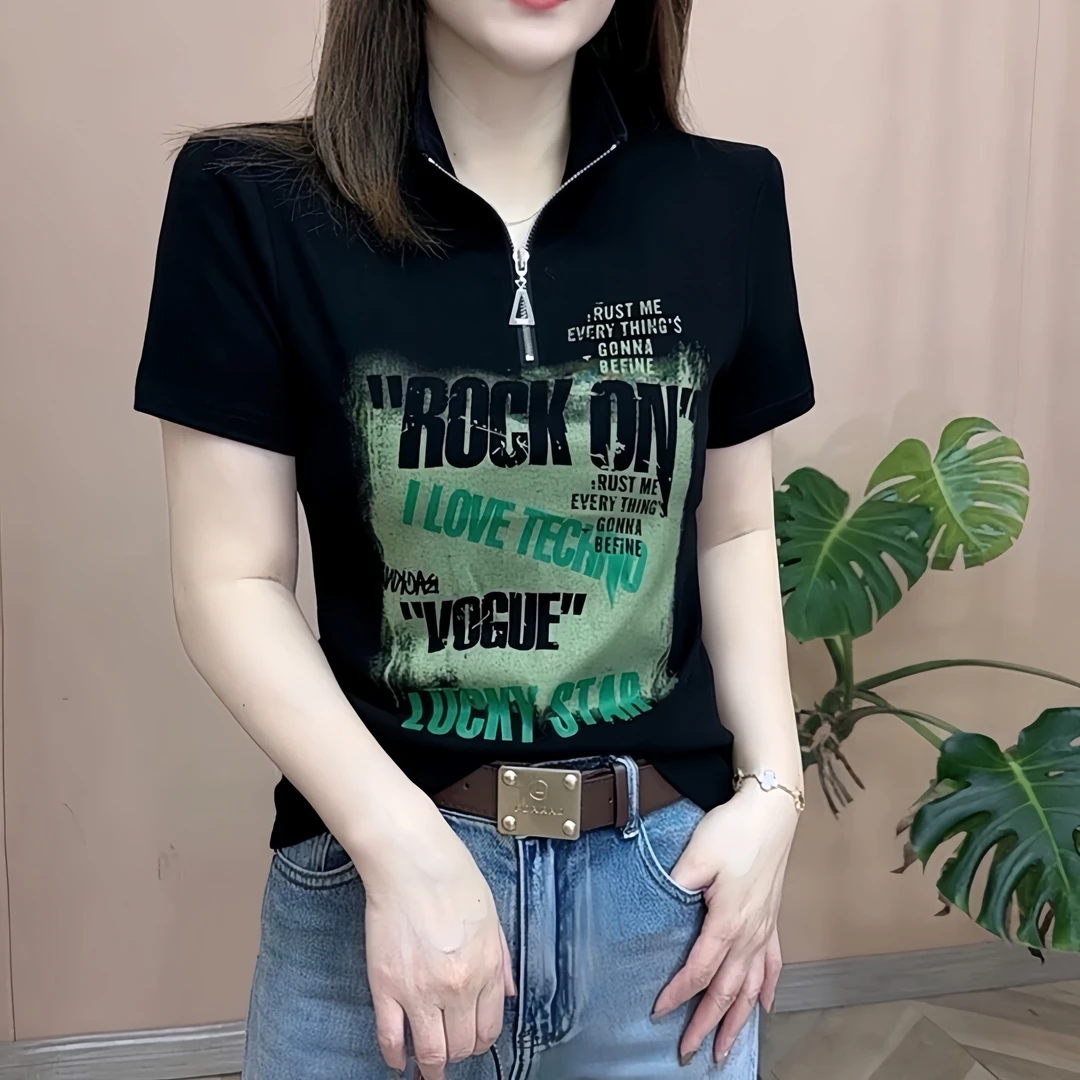 2025夏季新品时尚打底衫百搭印花显瘦短袖休闲T恤半拉链女士上衣