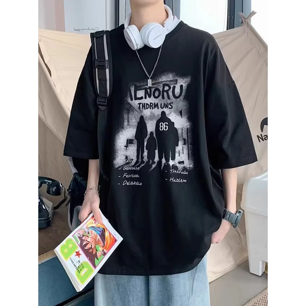 日系短袖t恤男生新款潮流青少年oversize大码宽松五分袖中性风