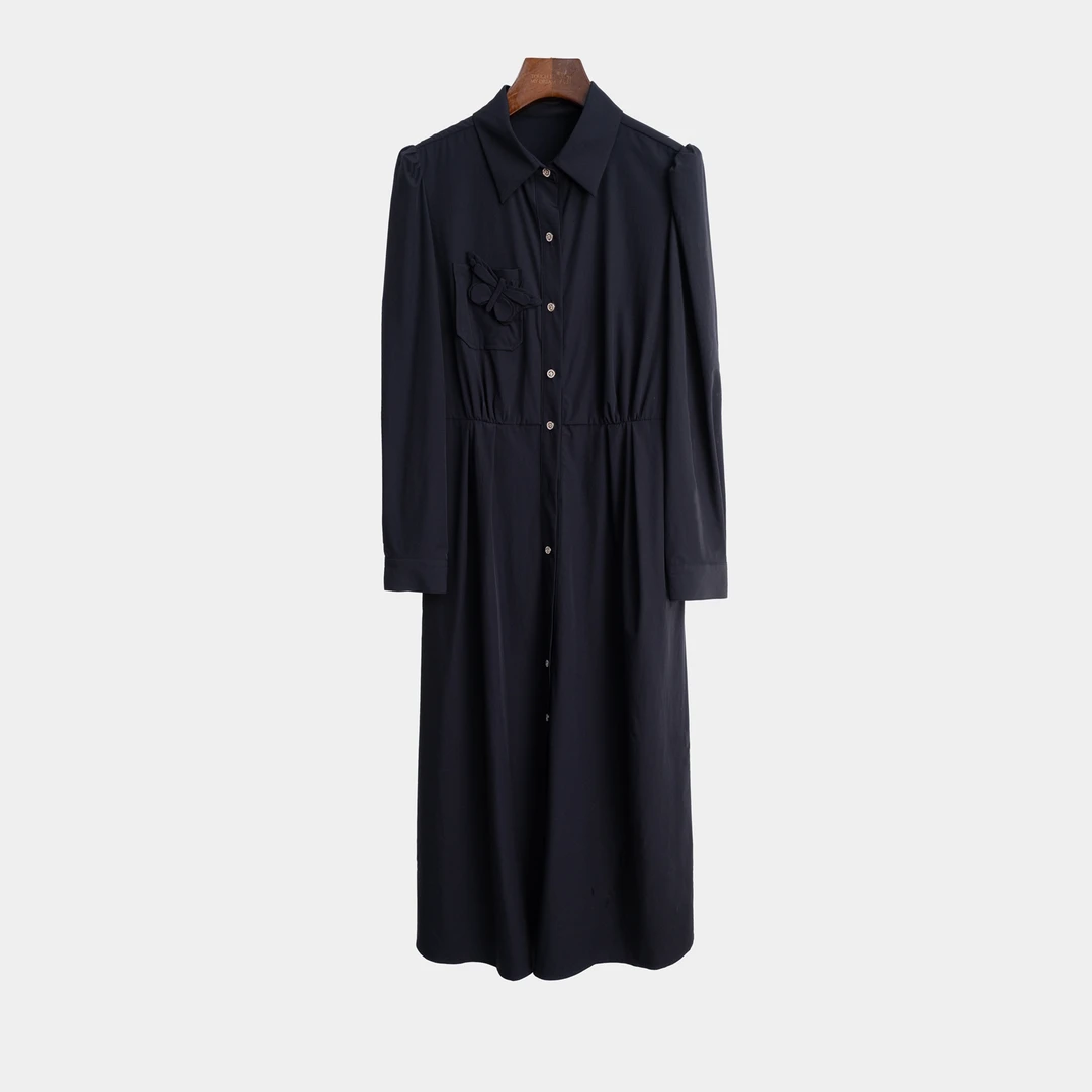 【六丑】新款时尚通勤气质单排扣衬衫领蝴蝶连衣裙501lyq0721