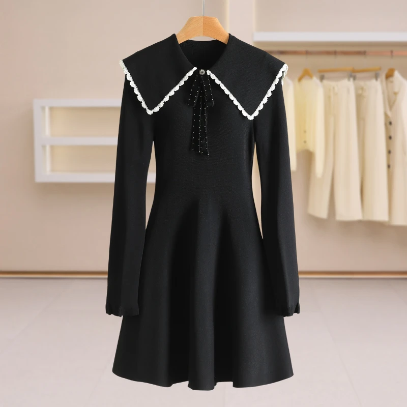 F7712-【桌】蝴蝶结翻领显瘦针织连衣裙#ZJW58L034